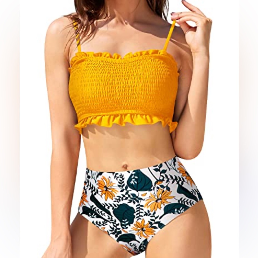 Two Piece Bikini Set Stripe Full Coverage Swimsuit Tummy Control Padded M